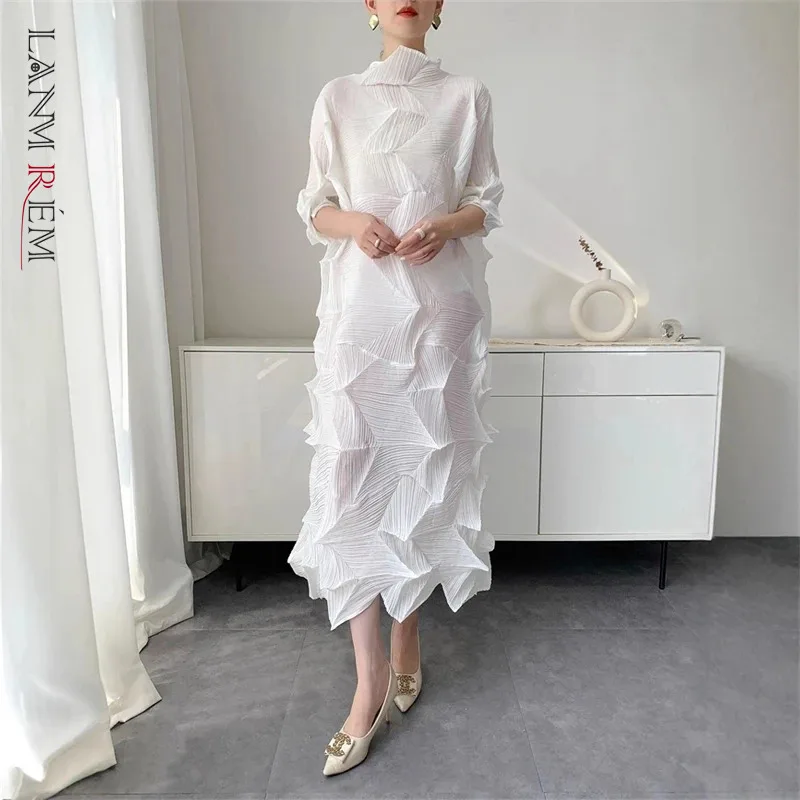 LANMREM Pleated Long Dress For Women Elastic Loose Irregular Pleated Stand Collar Pullover Famale Clothing Half Sleeve 2DB4256 2