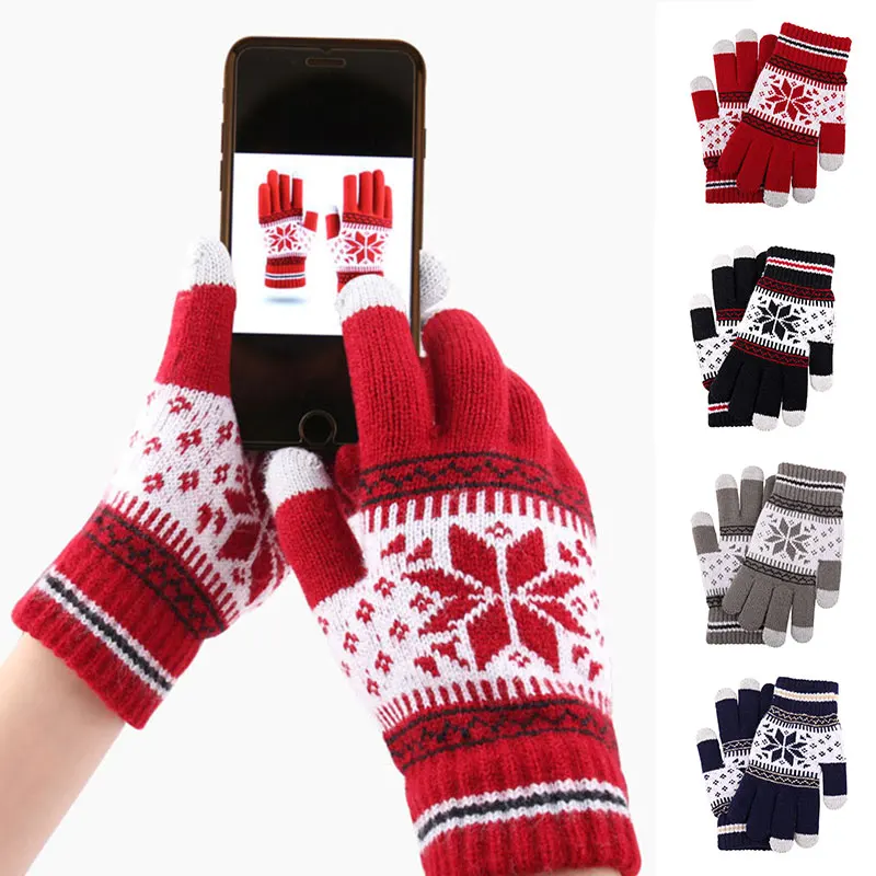 

Red Blue Snowflake Knitted Winter Gloves for Women Men Adult Thick Warm Casual Hand Gloves Wind Proof Cashmere Autumn