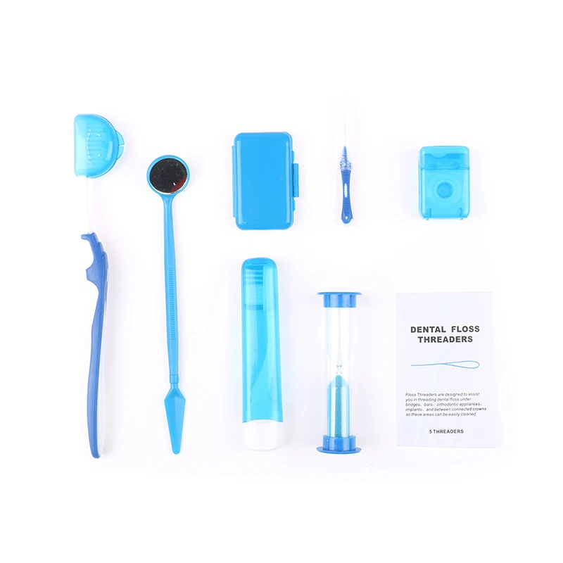 8Pcs Dental Teeth Orthodontic Kits Oral Cleaning Care Whitening Tool Suit Interdental Brush Floss Thread Wax Mirror 4 Colors