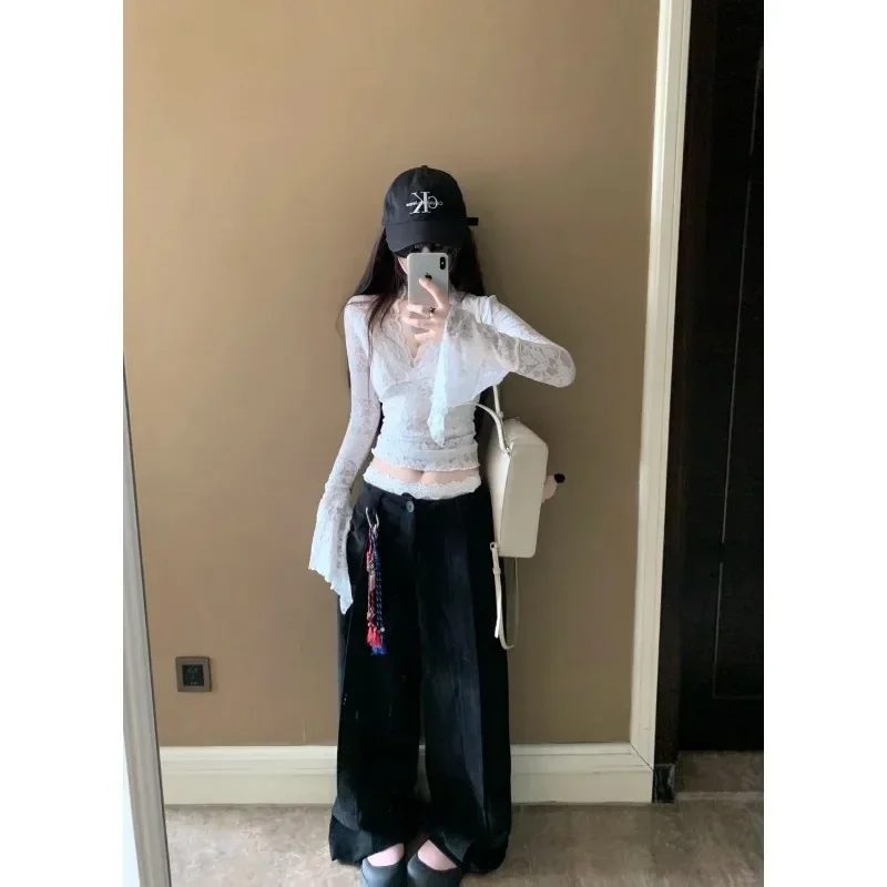 Fashion Sexy V-Neck Sheer T-Shirts Women Flare Long Sleeve Spring Lace Slim Pullovers Tops Casual Evening Party Club Chic Tees