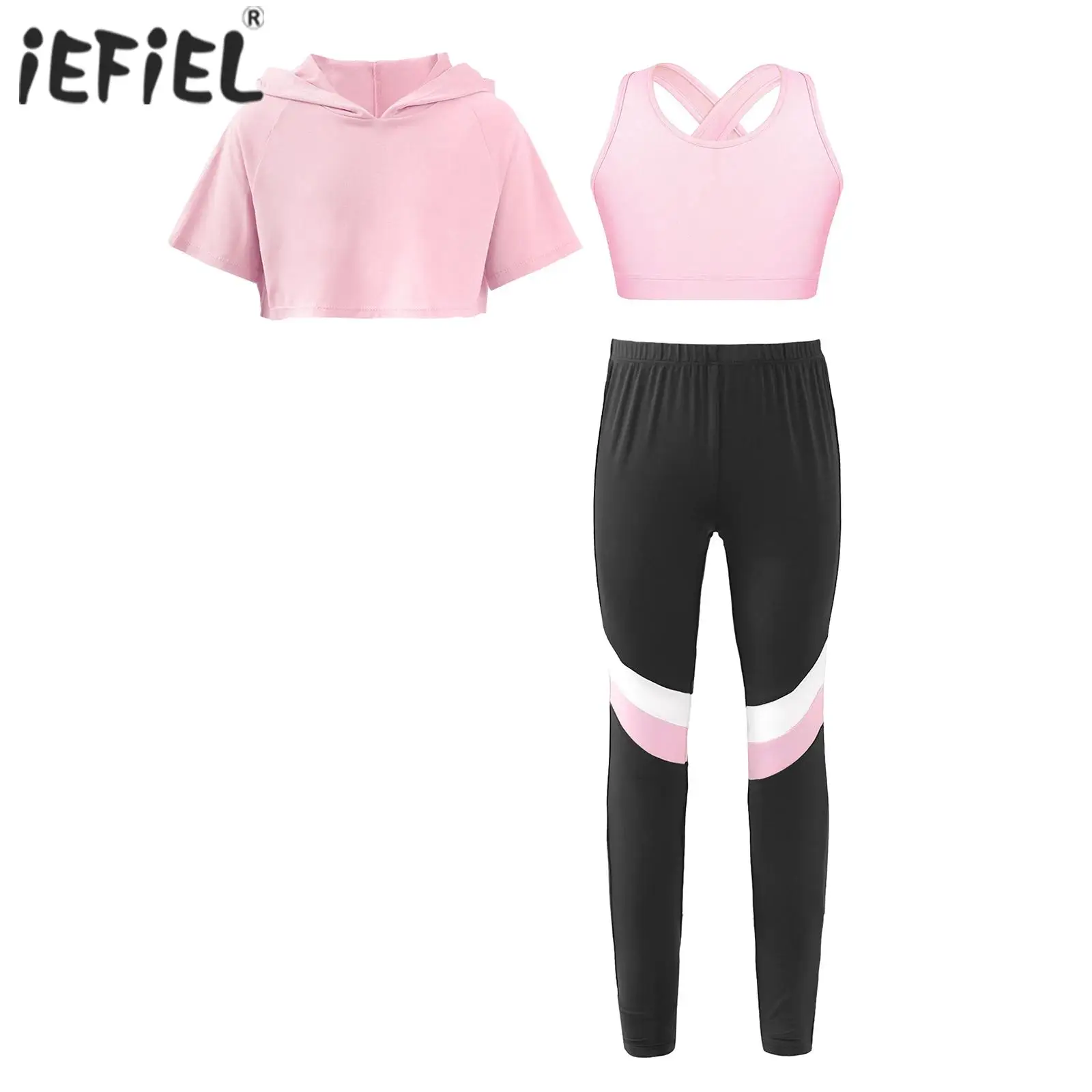 

Kids Girls Ballet Dance Sets Sports Outfits Sleeveless Cross Back Keyhole Back Vest Hooded Crop Top Leggings Gym Workout Costume