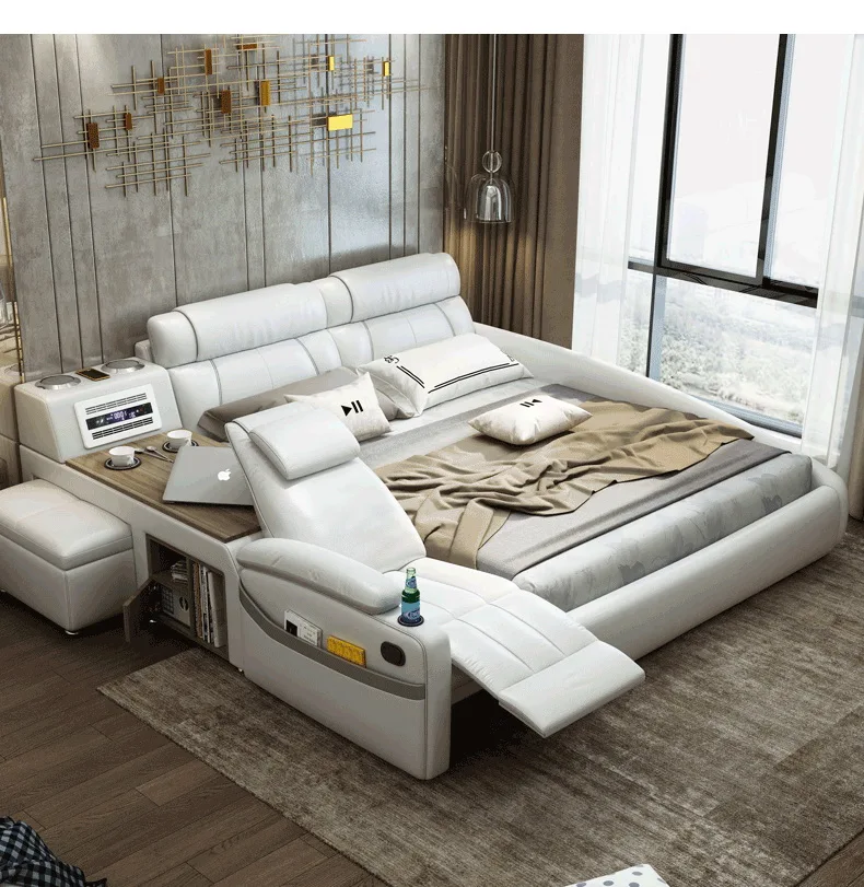 MANBAS Multifunctional Genuine Leather Bed Frame with Tech Smart Features Ultimate Tatami Beds with Massage Function for Bedroom