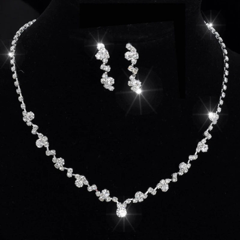 Fashion Crystal Bridal Jewelry Sets Silver Color Geometric Choker Necklace Earrings Bracelet Wedding Jewelry Set