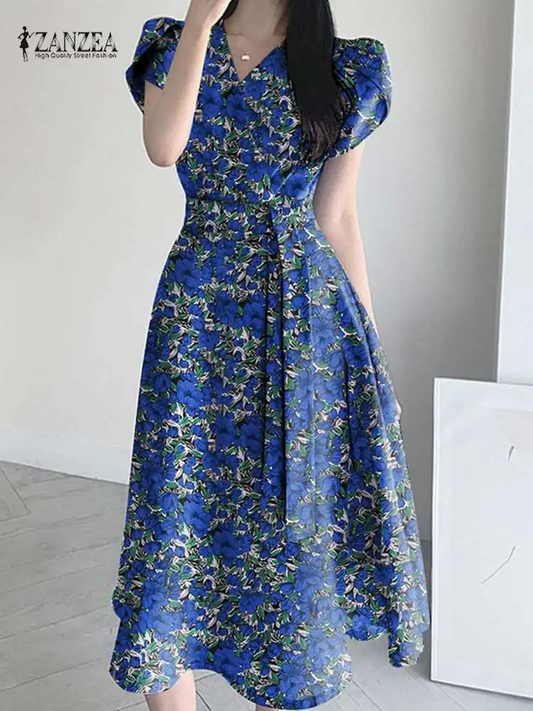 

ZANZEA Elegant Floral Sudnress Women Bohemian Maxi Dresses Summer V Neck Short Sleeve Vestidos Femme Holiday Party Robe Dress
