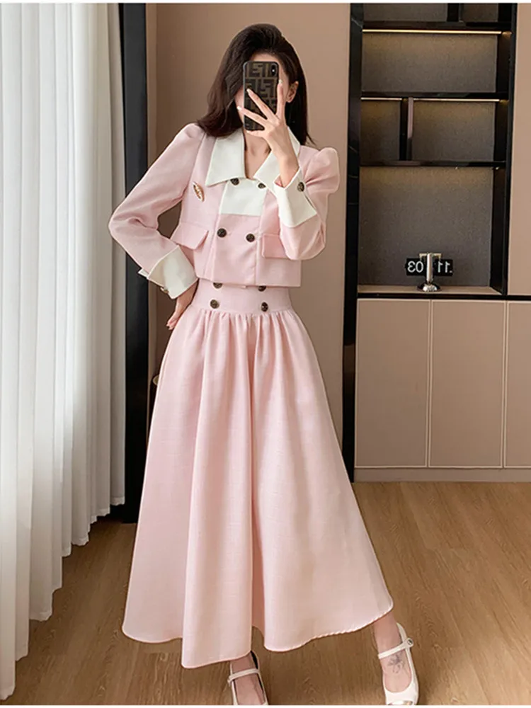 

High Quality Vintage Double-breasted Tweed Two Piece Set Women Jacket Coat + Maxi Skirt Suits Fall Winter Woolen 2 Piece Outfits