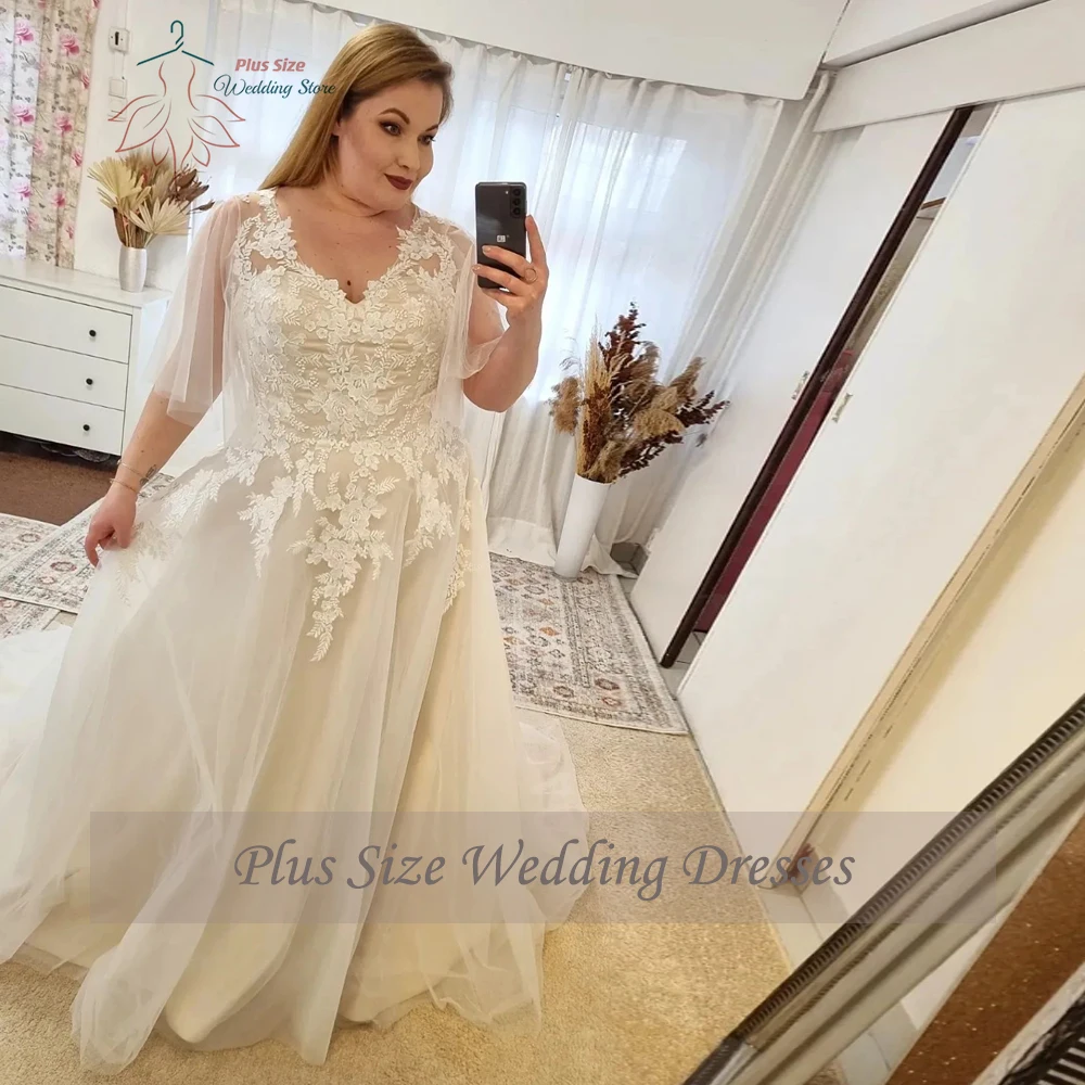 Elegant A-Line Wedding Dresses Plus Size V Neck Flare Sleeves Bride Gowns Appliques Floor Length Tulle Vestidos De Novia 2023 4