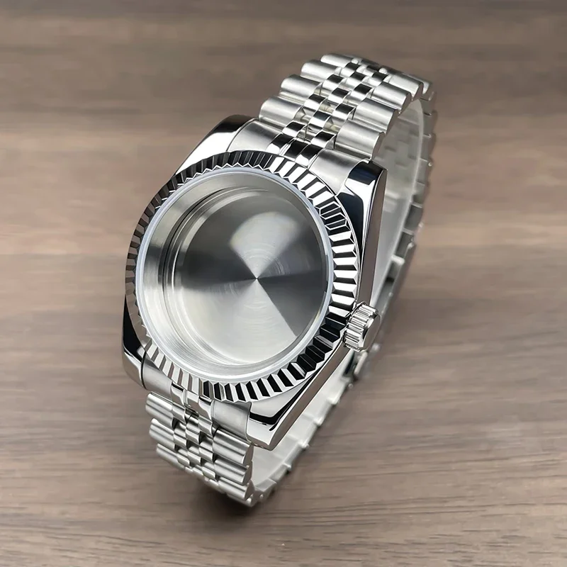 Premium Fluted Bezel Watch Case with Sapphire Glass - Stainless Steel