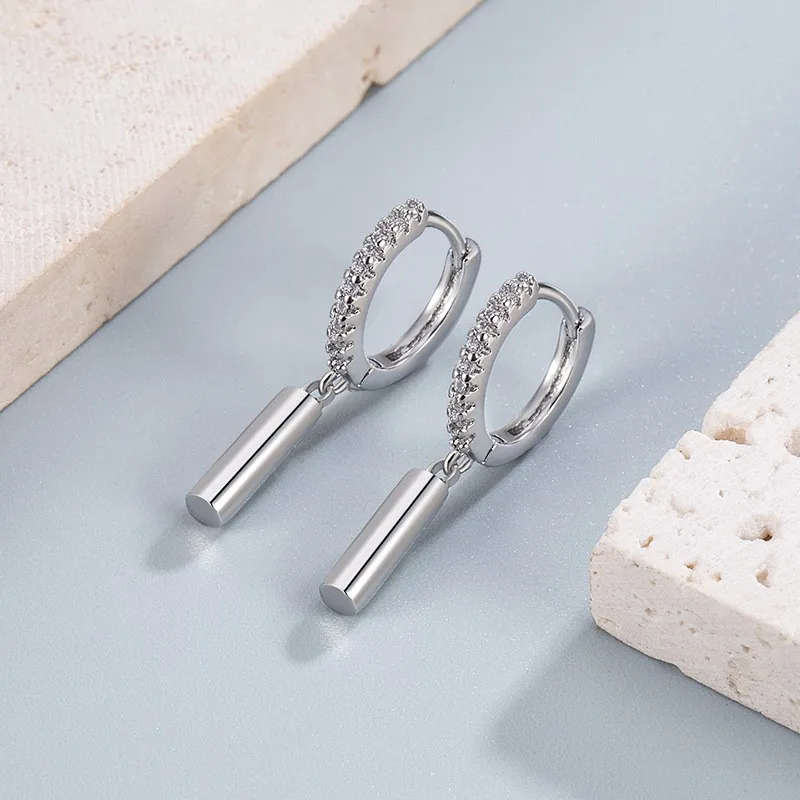 Silver Color Zircon Cylinder Pendant Hoop Earrings for Women Vintage Unique Niche Design Dangle Earring Jewelry Gifts