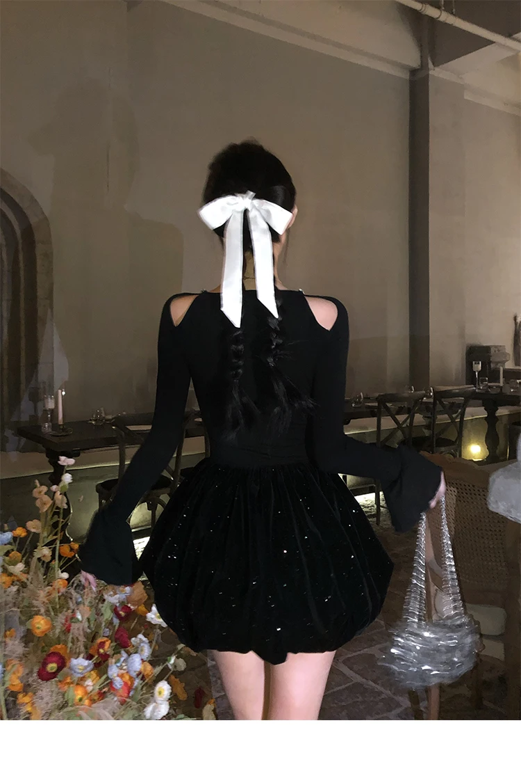 Autumn Winter Knitted Black Dresses for Women Long Sleeves High Waist A-line Birthday Party Dress Mini Vestidos Female Clothing