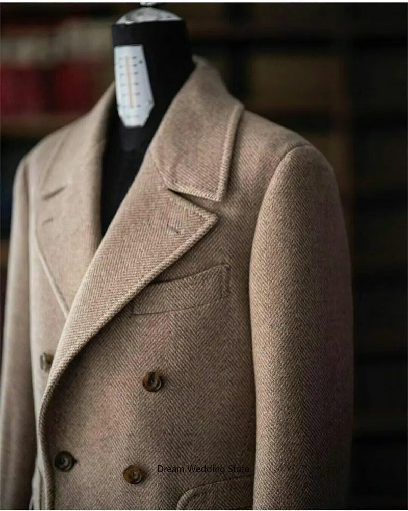 Khaki Woolen Herringbone Overcoat Men Suits Double Breasted Tuxedos Peaked Lapel Blazer Winter Long Coat Design Jacket Customize