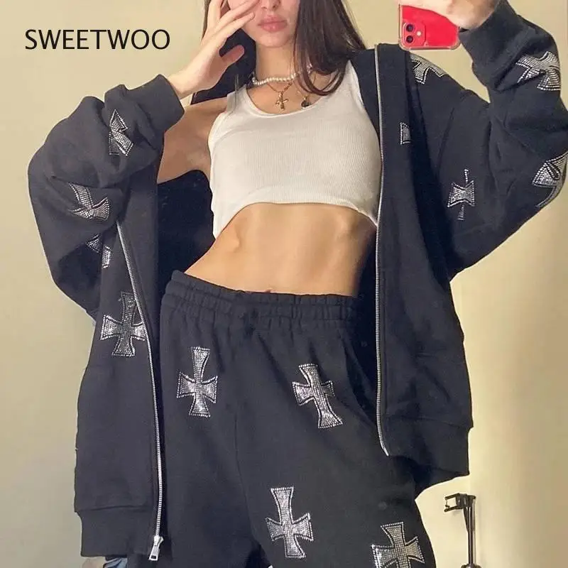 Tracksuit Women Rhinestone Print Women Pants Warm Hoodie Sweatshirts and Hip Pop Joggers Fashion Two Piece Sets Ladies New 2022