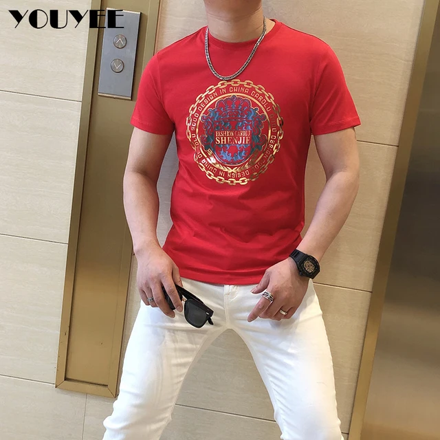 T-shirt Designer Clothes Men Mercerized Cotton V-shaped Pattern Rhinestone  Top 2022 New Male Street Fashion Style Man Clothing