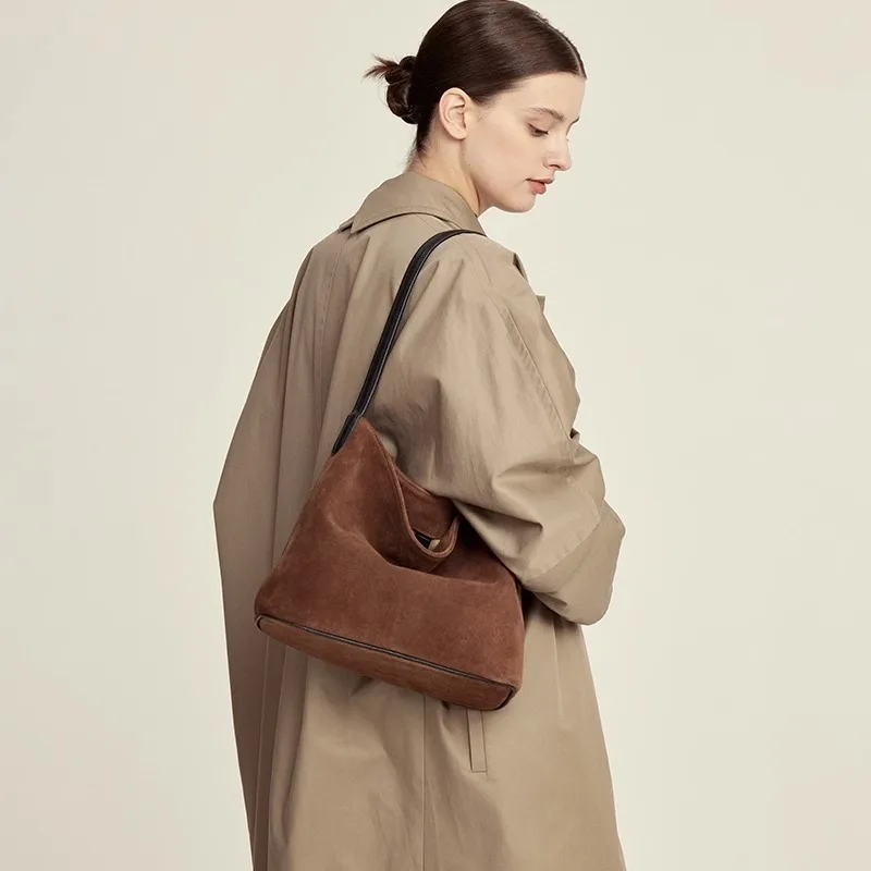 

Tote bag retro large capacity suede leather shoulder bag bucket bag