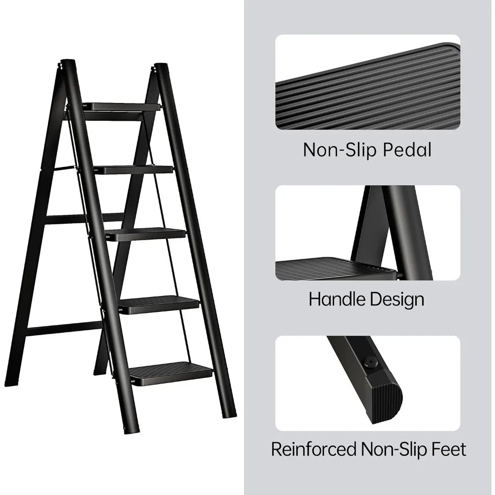 5 Step Ladder,Lightweight Folding Step Stool with Anti-Slip Pedal,600 lbs Portable Sturdy Steel Ladder for Adults 5