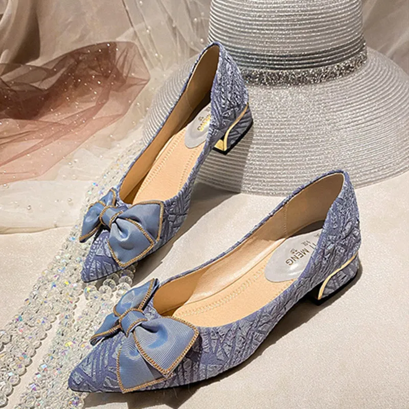 Luxury Brand Heel Shoes Women Pumps 2022 New Fashion Butterfly-knot Square Heel Pointed Toe Plus Size 41 Lady Shoes Women