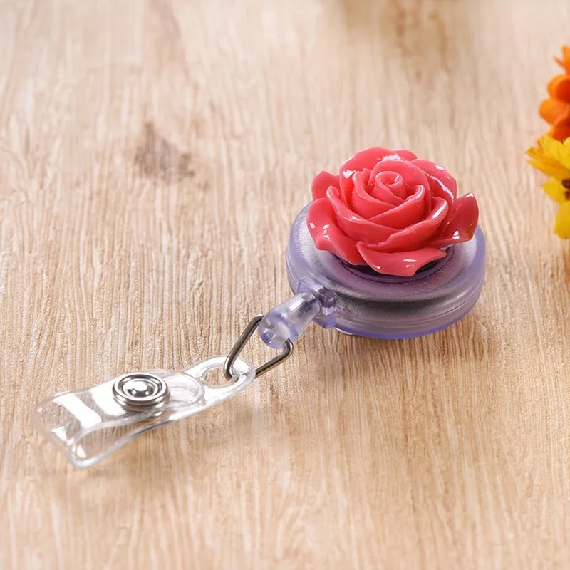 

1pc Rose Flower Retractable Badge Reel Girls Nurses Women Doctors Staff Work Card Clip Bus Card Sleeve Clamp Badge Landyard