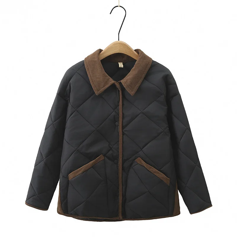 Womens Plus Size Winter Parkas Casual Clothing Block Color Lapel Argyle Padded Jacket Curved Hems Drop Shoulder Coats S52 8213