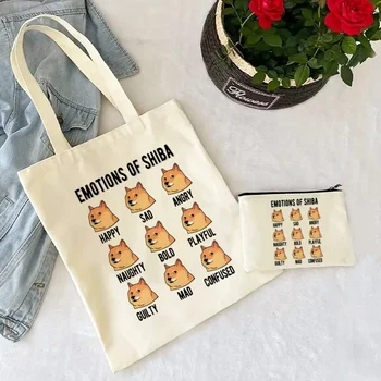 Borsa regalo Shiba, set di borse tote per cani carini da 2 pezzi, borsa a tracolla in tela con borsa per riporre il trucco, borsa per la spesa pieghevole