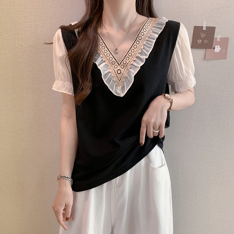 

2024 Women's New Summer Contrast Color V-Neck Spliced Gauze Short Sleeve Elegant Versatile Loose Commuter Casual T-shirt Tops