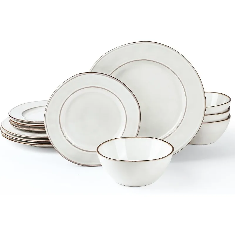Plates and Bowls Sets, 12 Piece Dinnerware Sets, Dishes Set for 4, Irregular Stoneware Plate Set