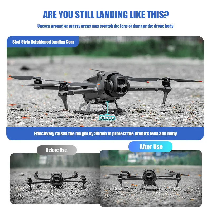 Détail des pieds pliables VOLODYMYR pour DJI Mavic 4 Pro, offrant stabilité au sol.