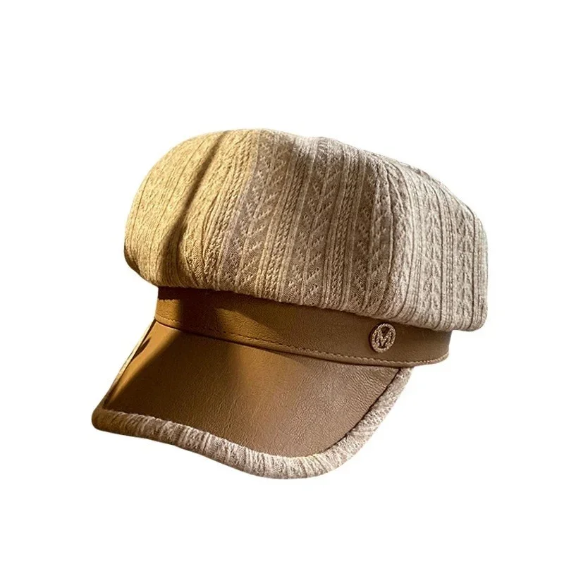Hat Female Beret Autumn And Winter Tide British Retro Letter Striped Octagonal Newsboy Painter