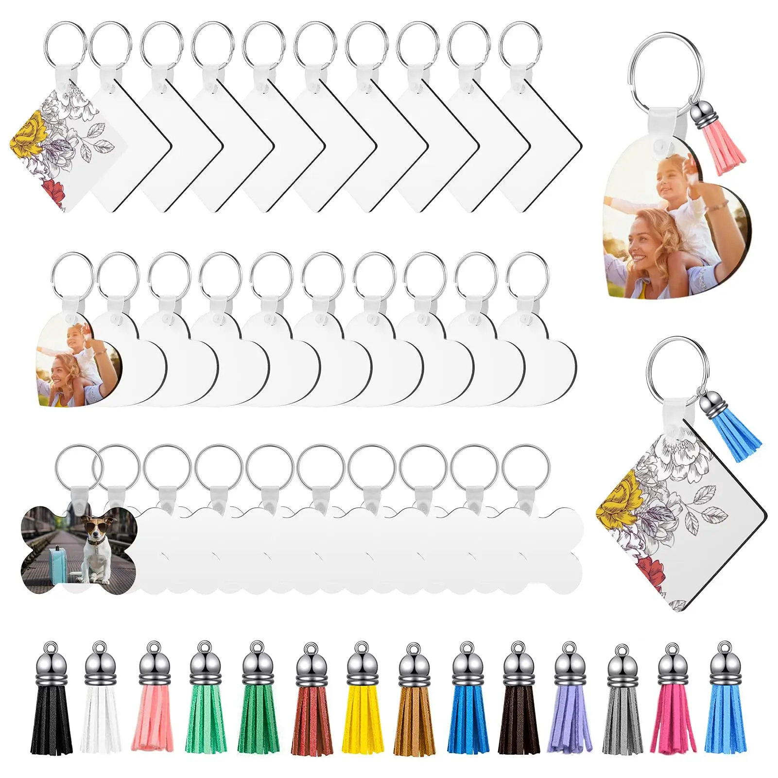 120Pcs Sublimation Keychain Blanks Set with Square Heart Bone Sublimation  Keychain Tassels Keychain Rings for DIY Keychain Craft