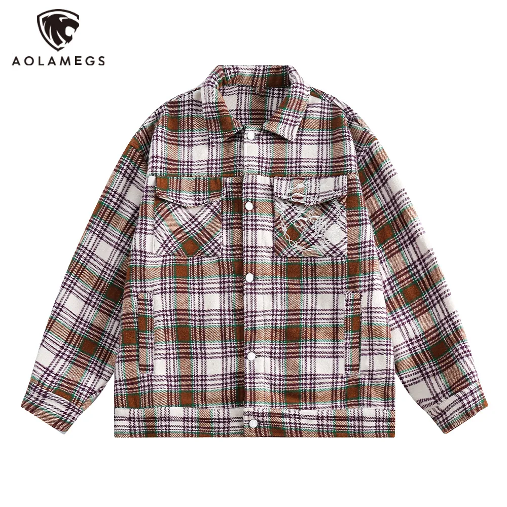 

Streetwear Men Hit Color Plaid Lapel Jackets Multi Pockets Single Breasted Shirt Jacket High Street Oversized Couple Outwear