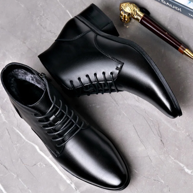 Men's High-top Casual Boot Pointed Tip Business Leather Boots for Men Plush Warm Winter Lace Up Ankle Botas men leather boots business mens boots