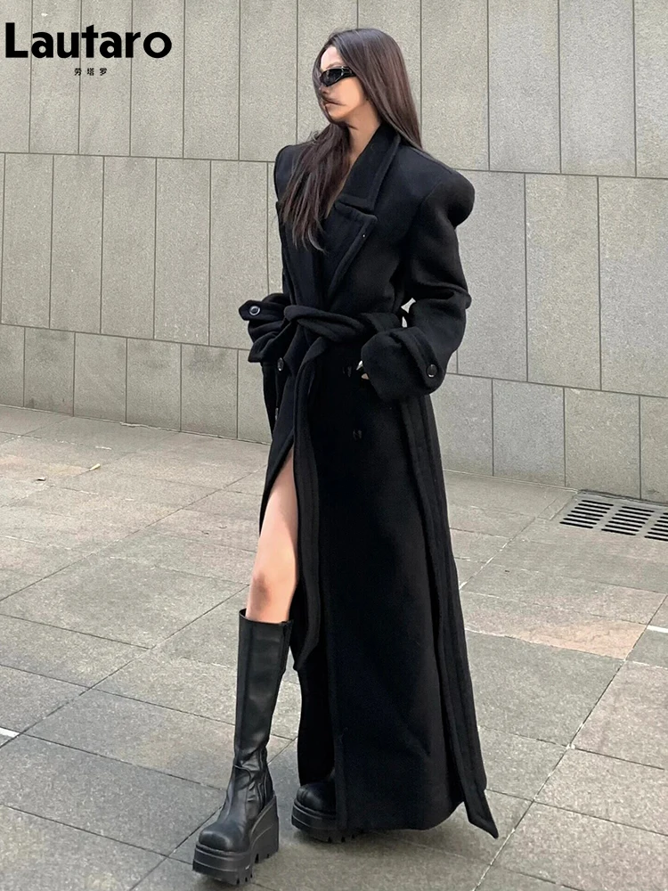 Lautaro Autumn Winter Extra Long Black Warm Wool & Blends Coat for Women Shoulder Pads Sashes Double Breasted Woolen Overcoat 1
