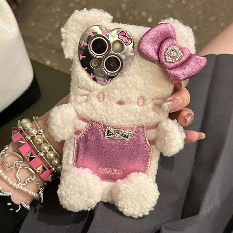 

Милые пушистые плюшевые чехлы Sanrios Hello Kitty для Iphone 12 13 14 Pro Max зимняя мягкая теплая ткань Противоударная задняя крышка