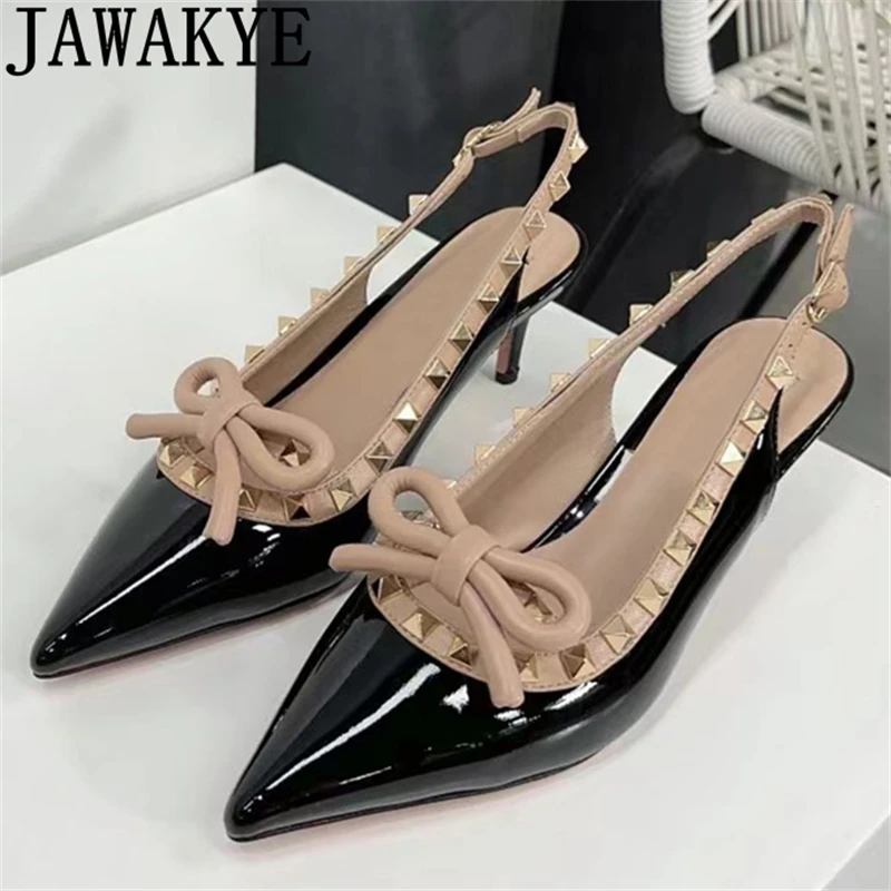 

2024 Summer Pointed Toe Rivet High Heels Sandals Women Patent Leather Bowknot Slingbacks Stilettos Fashion Party Pumps Shoes