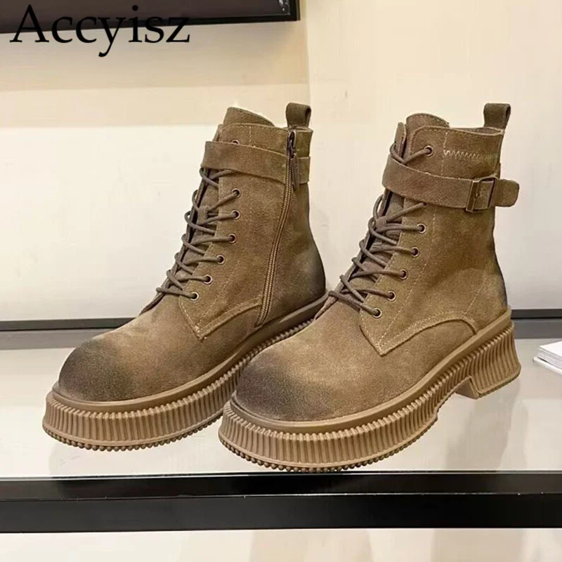 

New Lace Up Platform Motorcycle Botas Women Winter Warm Wool Linging Snow Boots Round Toe Belt Buckle British Style Ankle Boots
