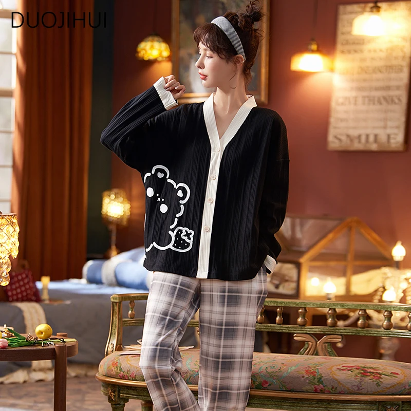 

DUOJIHUI Autumn Two Piece Sweet Chic Printed Female Sleepwear Basic V-neck Cardigan Simple Casual Pant Fashion Pajamas for Women