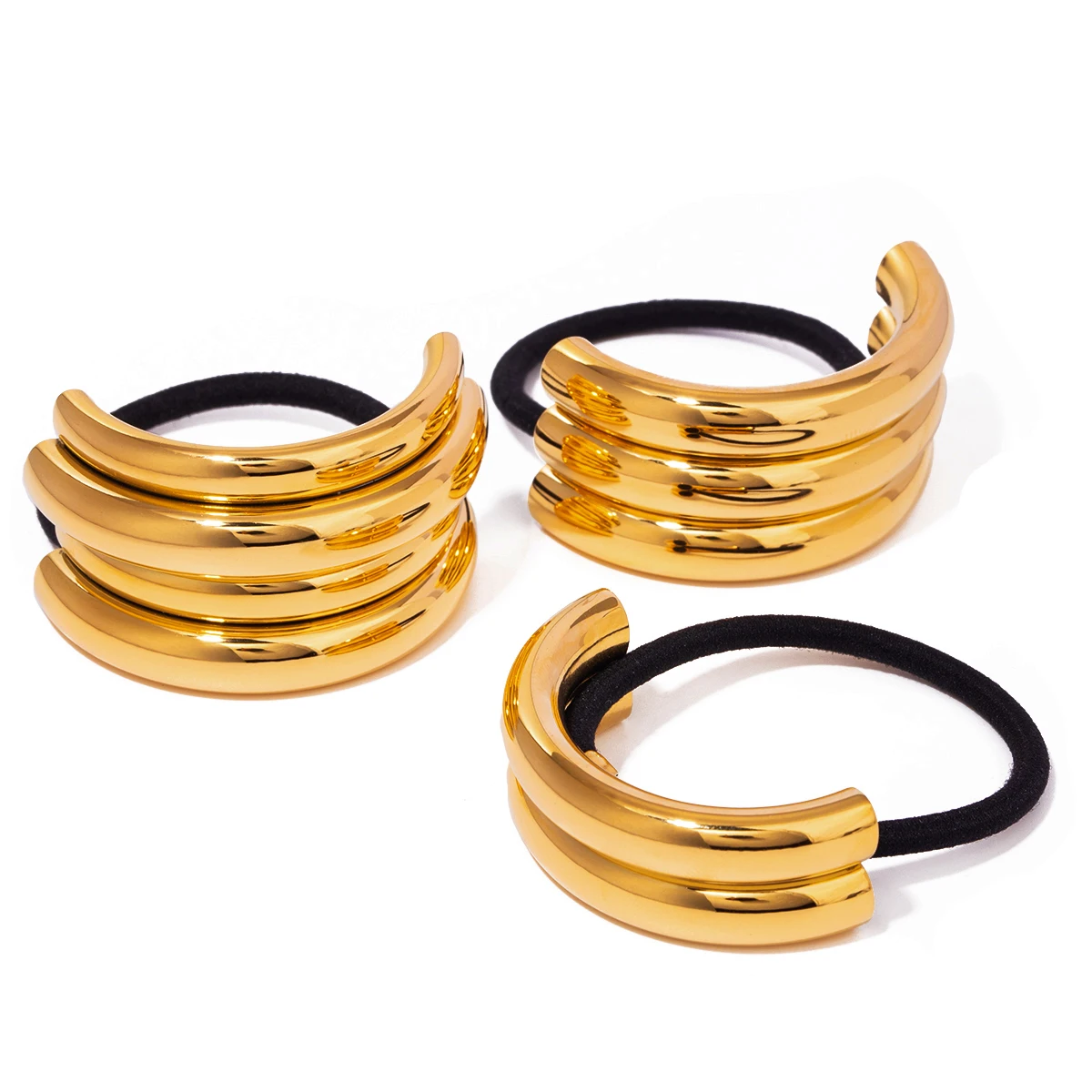 Stainless Steel 18K Gold Plated U-shaped Multi-layer Hollow Steel Tube Black Rubber Hair Bands Hair Rope Ponytails Buckle