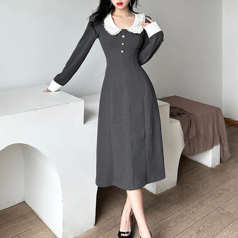 

Женское платье с длинным рукавом, кружевное повседневное элегантное платье средней длины с высокой талией, весна-лето 2023