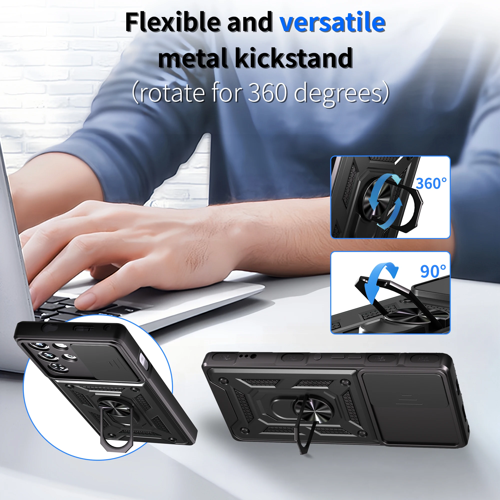 Camera Armor Phone Case with Magnetic Holder Ring and Full Lens Protection - Silicone Bumper Cover