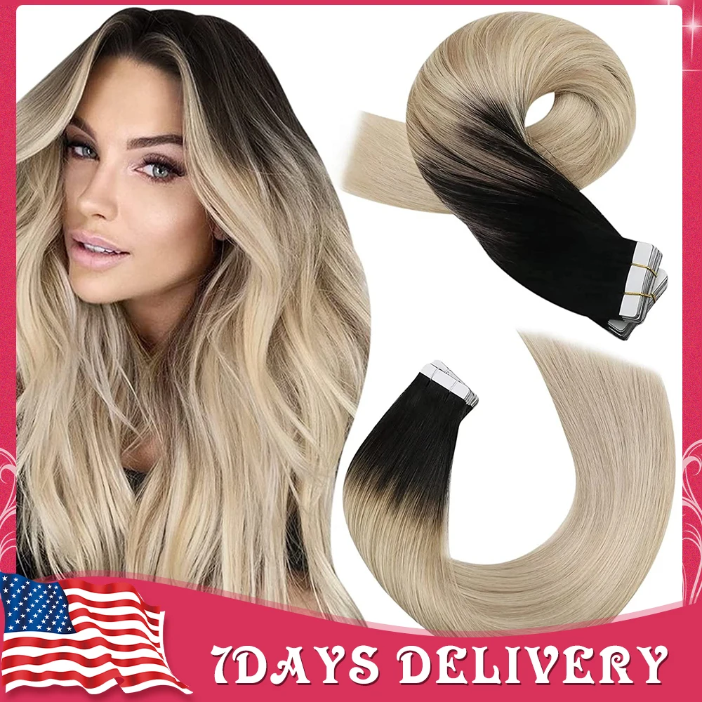 

Moresoo Human Hair Extensions Tape in Balayage Blonde Hair Remy 50G Seamless Invisible Hair Extensions Natural Real Hair PU Tape