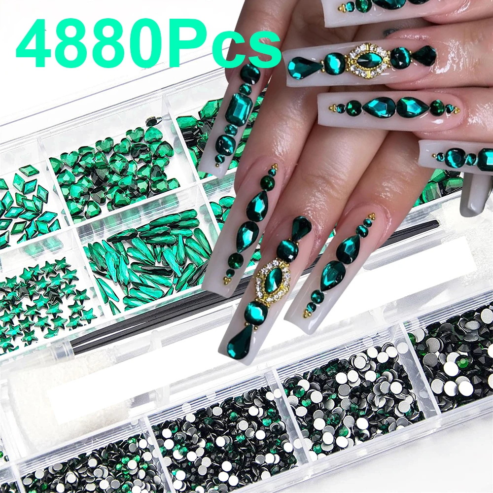 4880Pcs Rhinestones for Nail, White Crystal Nail Rhinestones Set, Nail  Round Beads Flatback Glass Gems Stones, Multi Shapes for Nail DIY Crafts