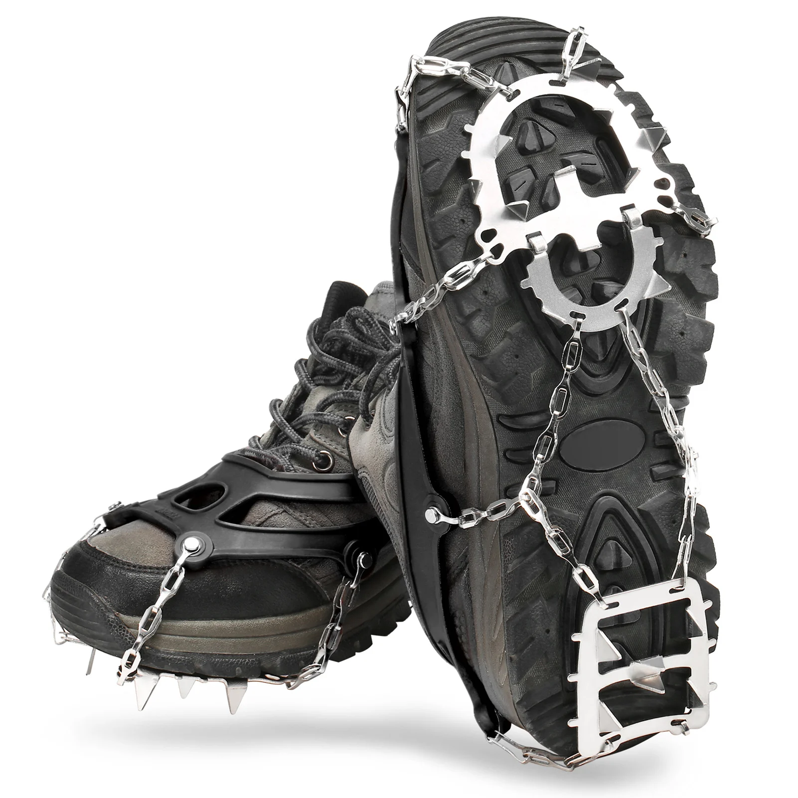 XREXS Universal 18 Teeth Stainless Steel Crampons Ice and Snow Cleats Grips Non-slip Shoes Cover with 18 Spikes and Adjustable Strap for Walking Jogging Climbing and Hiking Unisex 