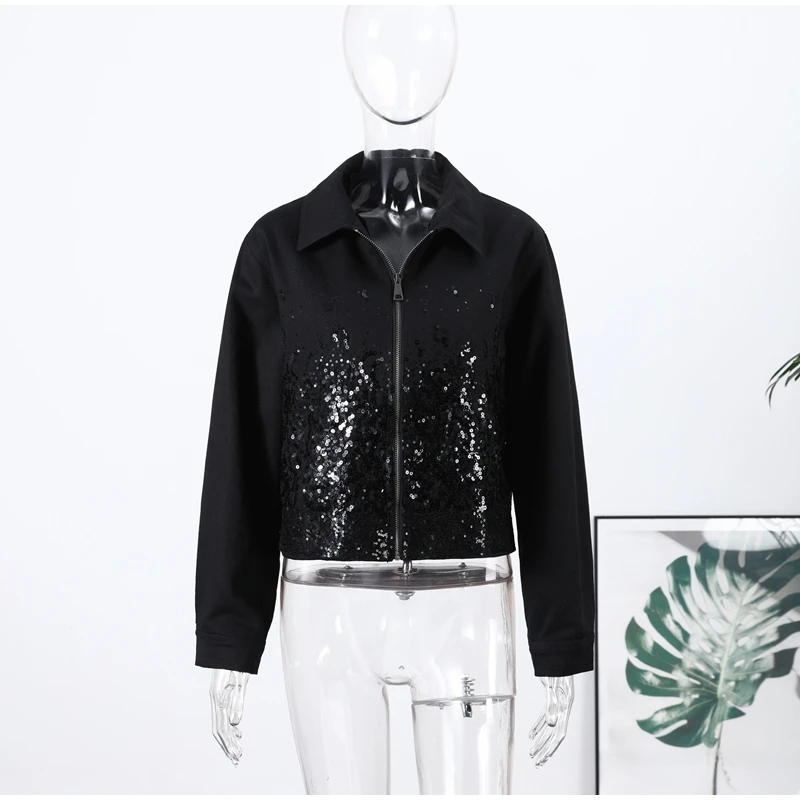 Schwarze Paillettenjacke, Reverskragen, stumpfe Ärmel, Reißverschlusstasche, Mantel, 2023, Frühling und Herbst, weiblich, High Street, Oberbekleidung im England-Stil – Detail 5