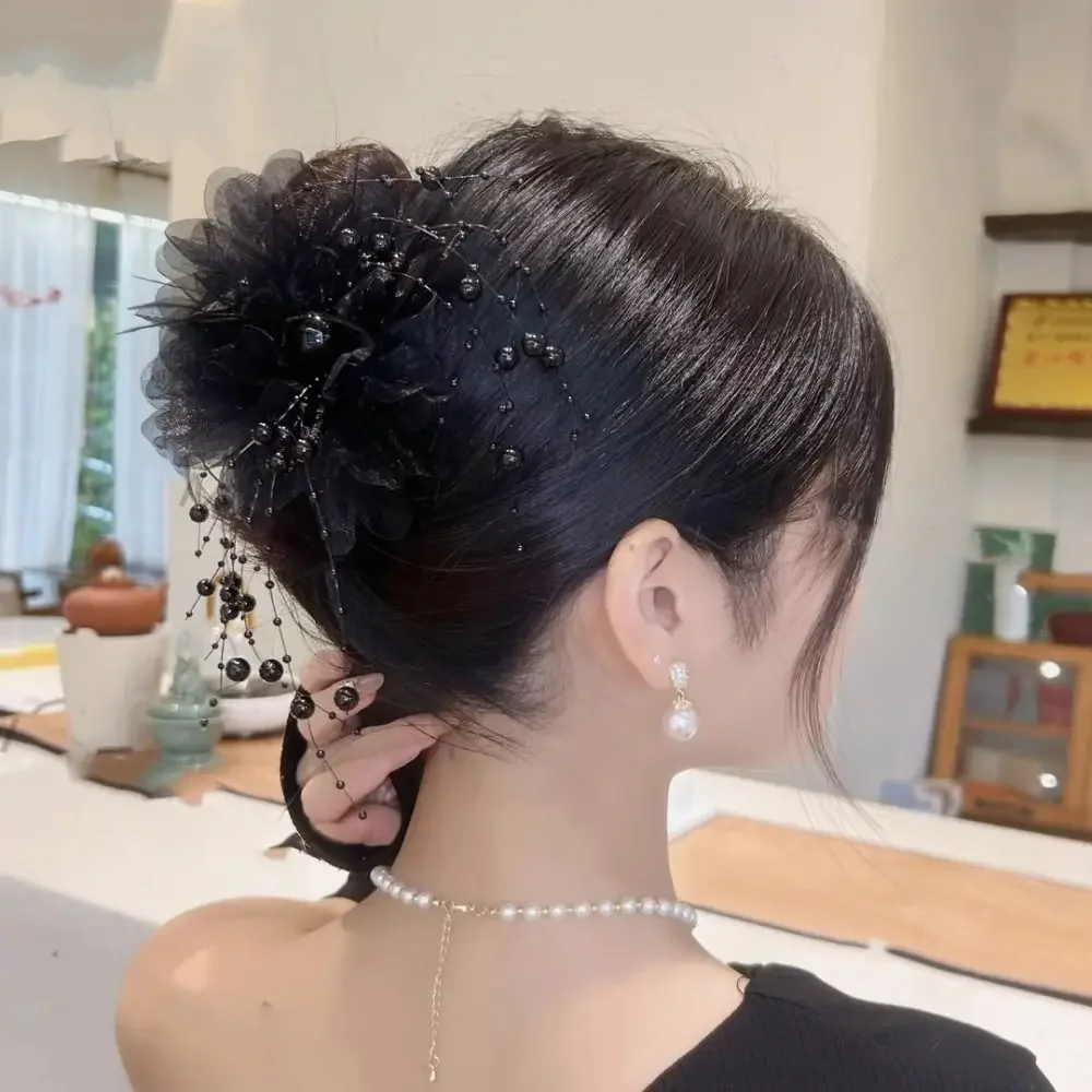 Fashion Peony Flower Grasping Clip Sequin Tassel Hair Claw Plastic Flower Hairgrips Women