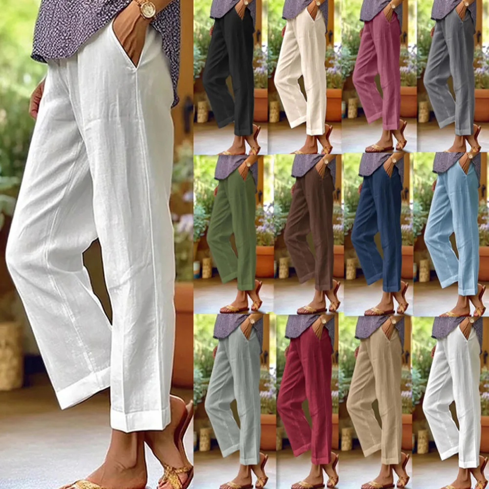 Women Cotton Linen Summer Pants Elastic Waist Wide Leg