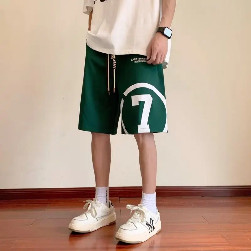 American Style Trendy Summer Casual Shorts Men Elastic Waist Drawstring Letter Fashion Sports Big Size Loose Knee Length Pants