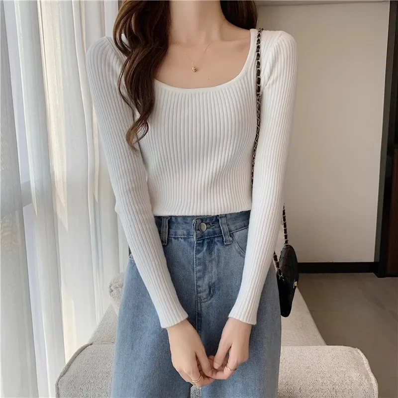 Frauen Grundlegende Solide Square-neck Pullover Hohe Qualität Slim Fit Beiläufige Gestrickte Pullover Herbst Winter Langarm Basis Schicht tops – Detail 15