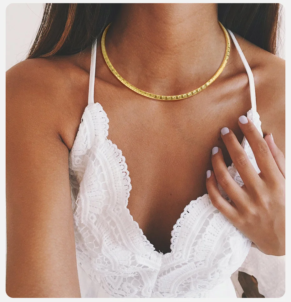 Vnox Zeitgenössische Geometrische Kette Choker Halsketten für Frauen, Gold Farbe Edelstahl Link Kragen Geschenk Partei Schmuck – Detail 3