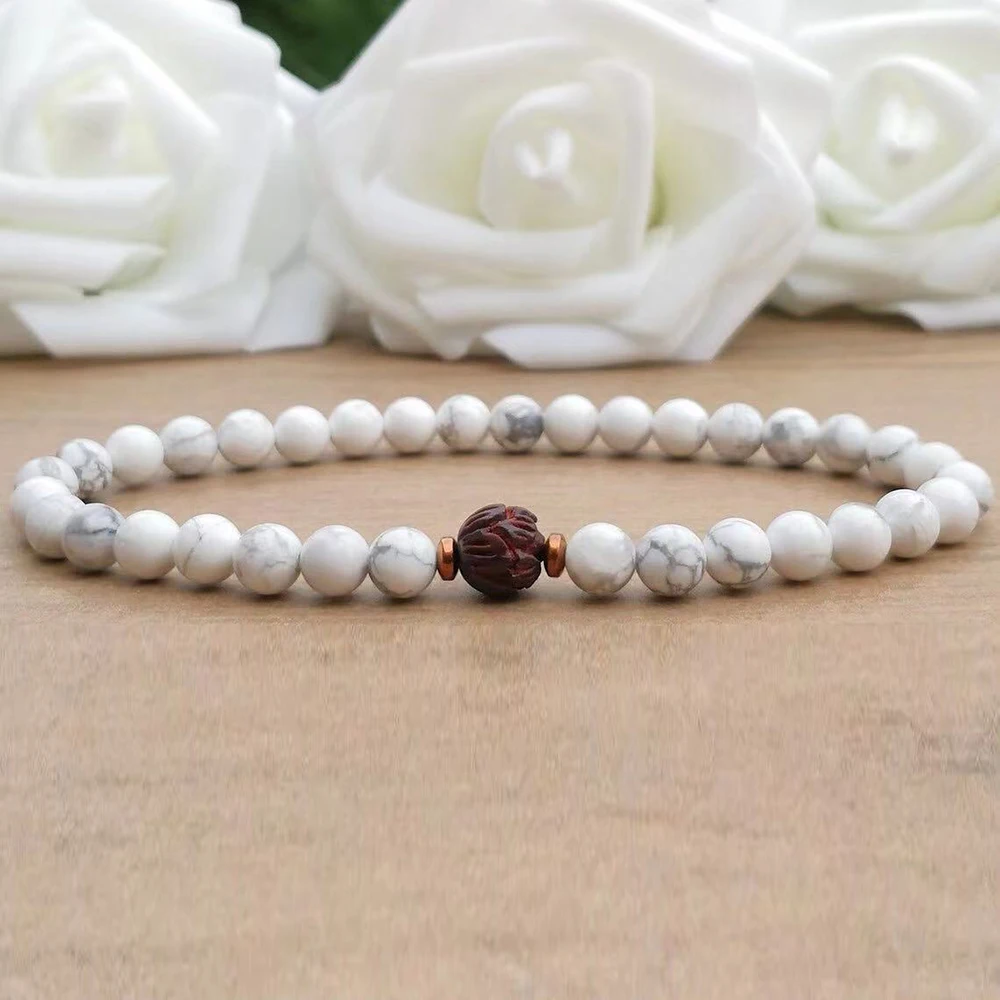 

MG2147 New Design 4 MM White Howlite & Wood Lotus Bead Boho Bracelet Fashion Womens Stress Relief Wrist Yoga Mala