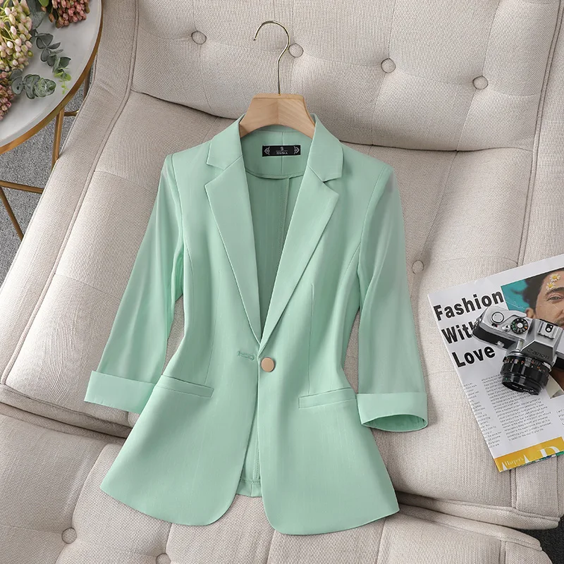 

Slim Ice silk Chiffon Sleeve Blazer Women 2023 Summer Single Button Jacket 3/4 Sleeve Suit Tops Office Ladies Coat blazers mujer