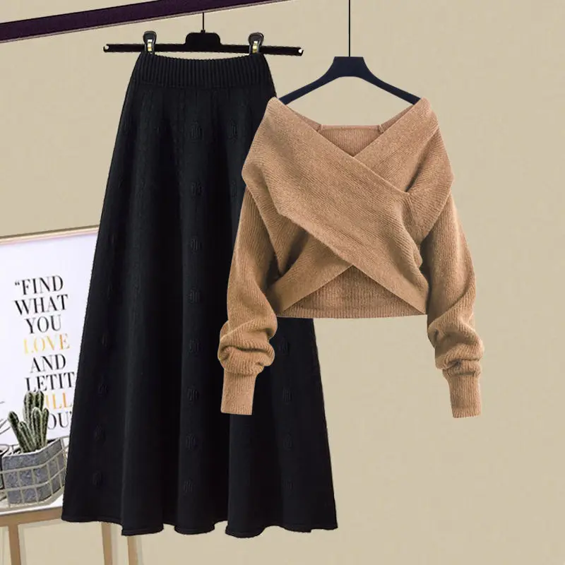 Autumn and Winter Women's Set 2024 New Lazy Knitted V-neck Sweater Slimming Half Skirt Two Piece Set Trendy 5