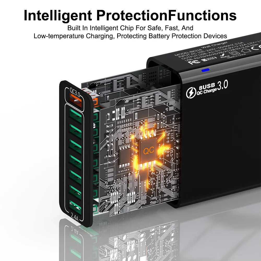65W Portable 8 Ports USB Fast Charging Charger Quick Charge 3.0 Mobile Phone Adapter For iPhone 15 Pro Max Xiaomi Samsung Huawei